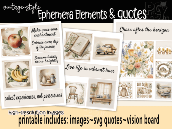 Download Vintage Ephemera Vision Board Set &amp; SVG - Premium Bundle